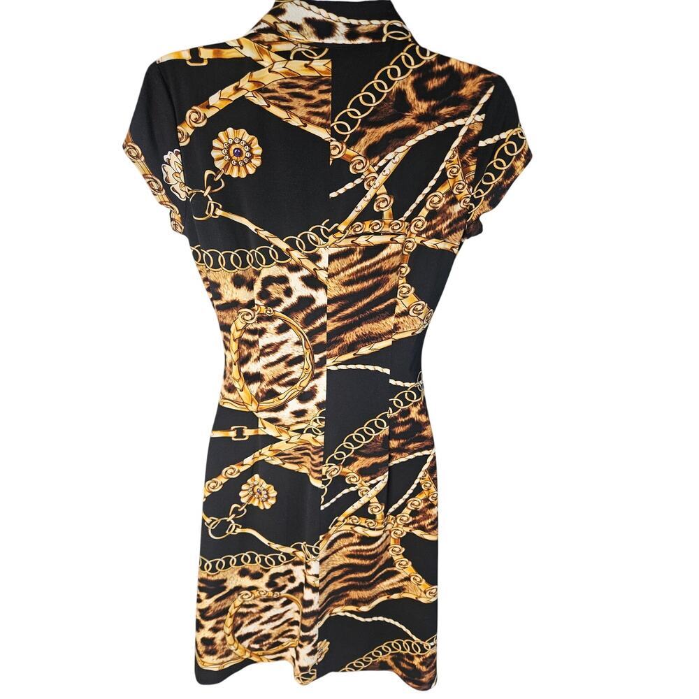 Cache Black Gold Dress Animal Print Collared Deep V Neck Stretch Sz SM - Picture 4 of 7